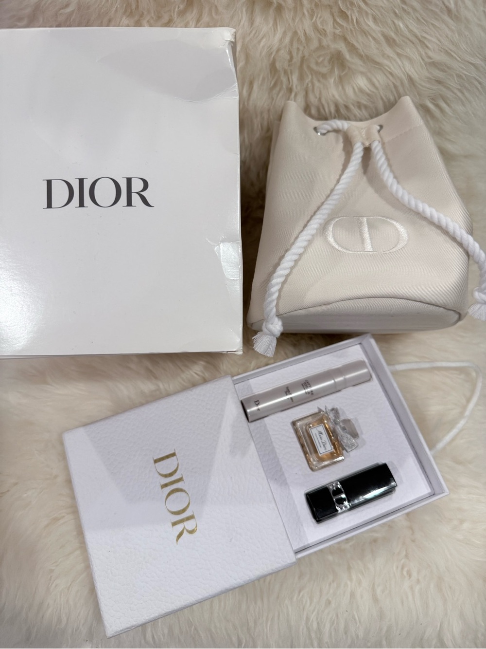 Dior Cream Drawstring Pouch and mini set